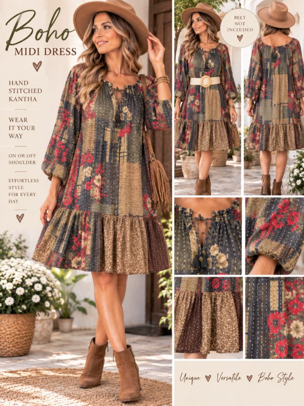 Kantha India Boho Midi Dress Cotton Off Shoulder Tiered Floral One Size